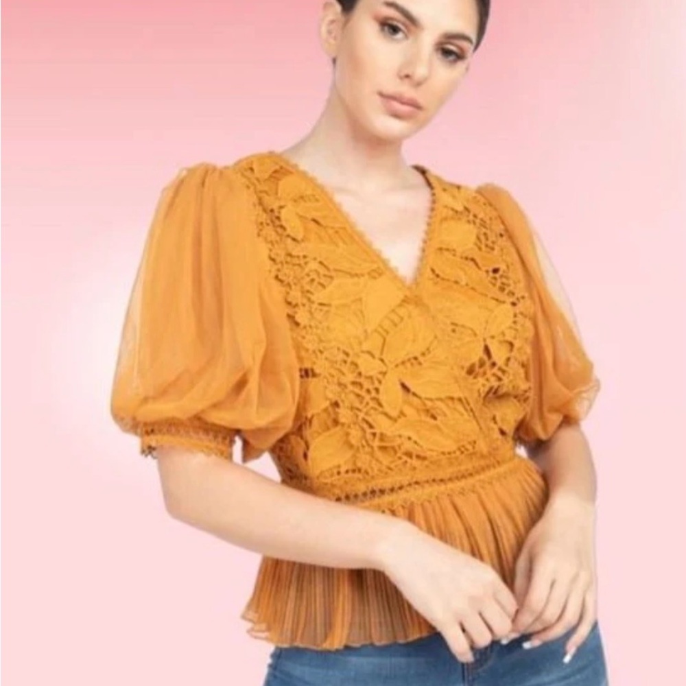 Haute Monde Mustard Lace Peplum Puff Sleeve Blouse